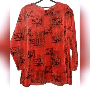 Vintage Red Cardinal Bird Print Fleece Pullover Top Cozy Long Sleeve Sweater